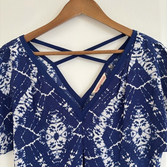 Rebecca Taylor Blue Tie Dye Silk V Neck Blouse Sz 6 - Picture 2 of 8